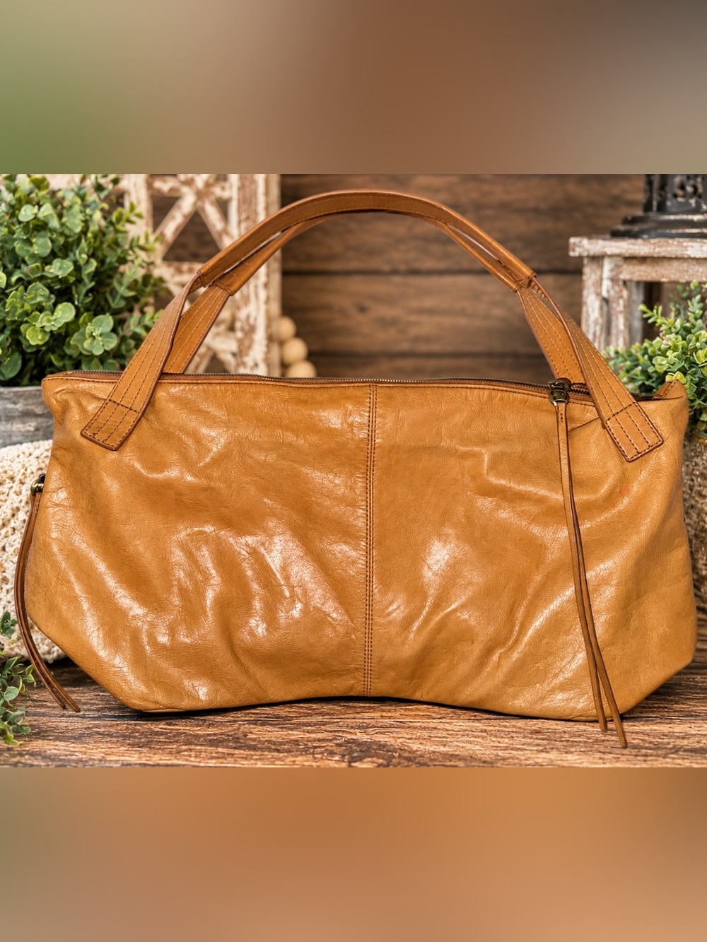 HOBO International Cognac Tan Leather Large Zip Top Tote Shoulder Bag